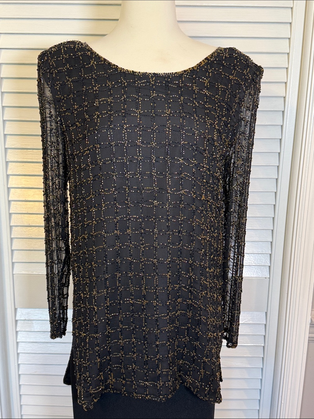 Black Long-Sleeve Beaded Grid Tunic Top